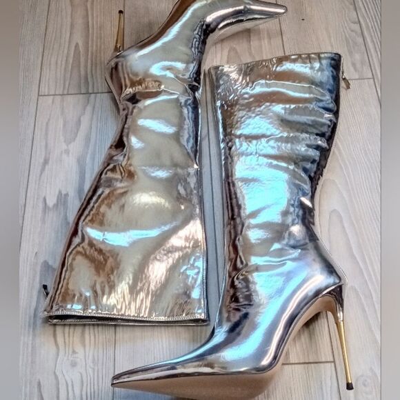 (T-RBB120)  Only Maker Women's Mid Calf Boots, Knee High Boots, Silver Sz 10 - Picture 8 of 9